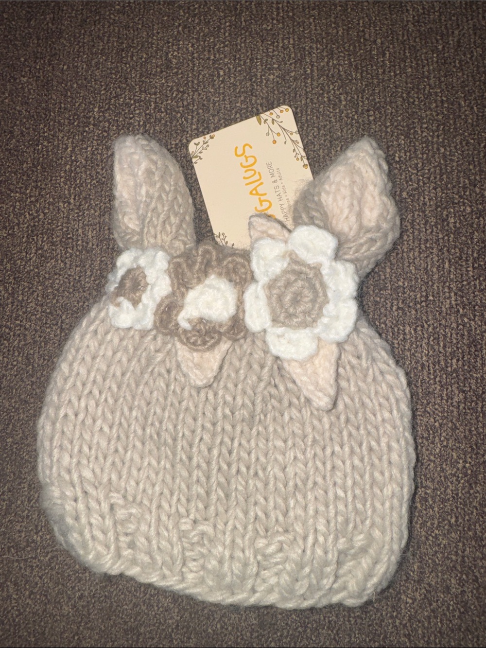 Cozy Cream Knit Bunny Ear Hat with Floral Accents